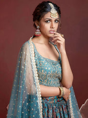 Wondrous Blue Embroidery Chinon Silk Party Wear Lehenga Choli