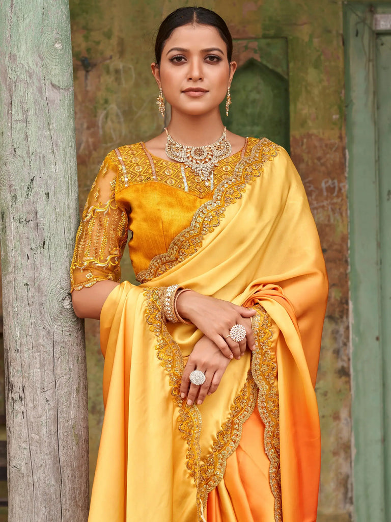Dazzling Alphanso Yellow Sequined Satin Festive Wear Saree With Blouse