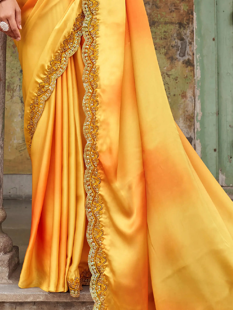 Dazzling Alphanso Yellow Sequined Satin Festive Wear Saree With Blouse