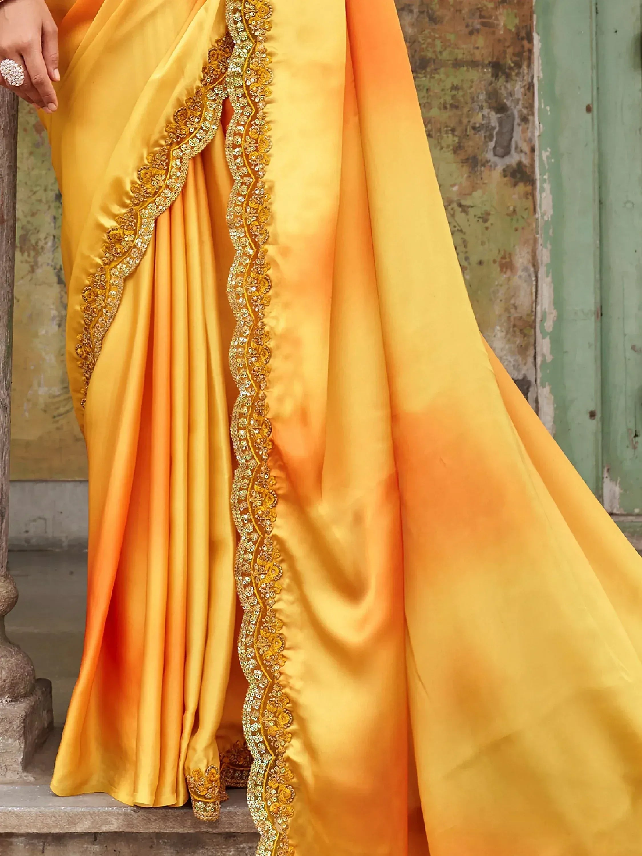 Dazzling Alphanso Yellow Sequined Satin Festive Wear Saree With Blouse