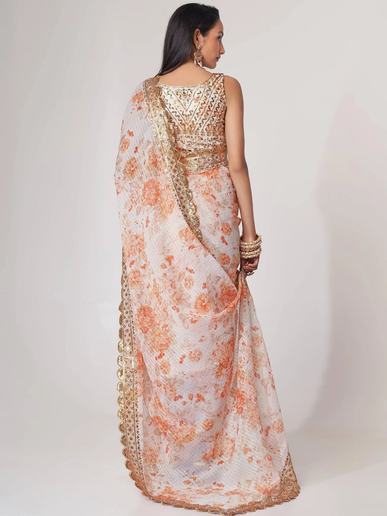 Gorgeous White Floral Printed Organza Party Wear Saree With Blouse