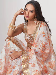 Gorgeous White Floral Printed Organza Party Wear Saree With Blouse