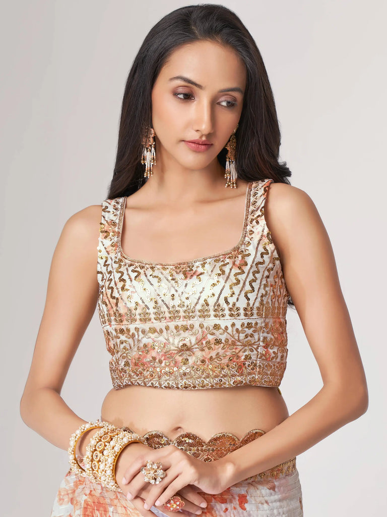 Gorgeous White Floral Printed Organza Party Wear Saree With Blouse