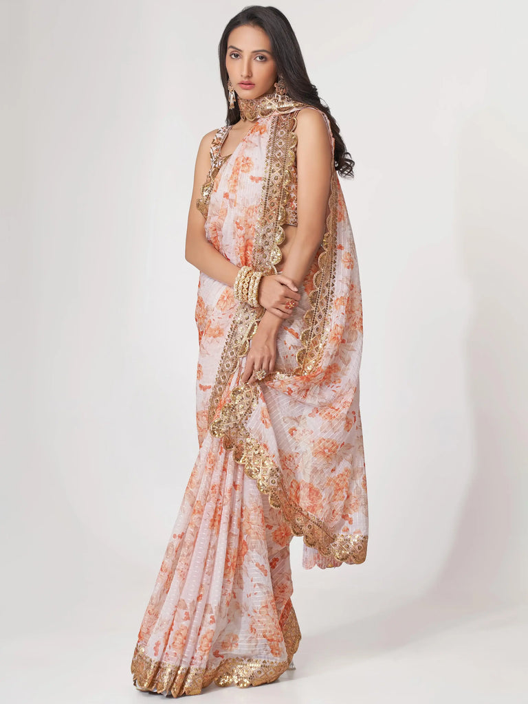 Gorgeous White Floral Printed Organza Party Wear Saree With Blouse