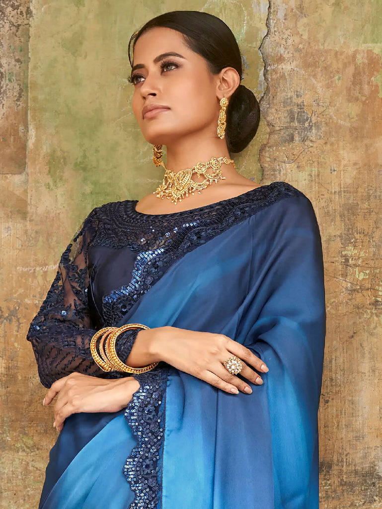 Astounding Navy-Blue Sequined Satin Festive Wear Saree With Blouse