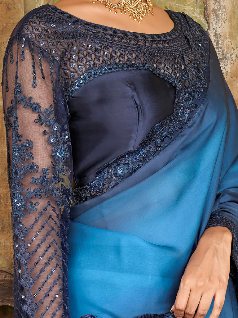 Astounding Navy-Blue Sequined Satin Festive Wear Saree With Blouse
