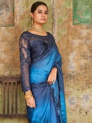 Astounding Navy-Blue Sequined Satin Festive Wear Saree With Blouse
