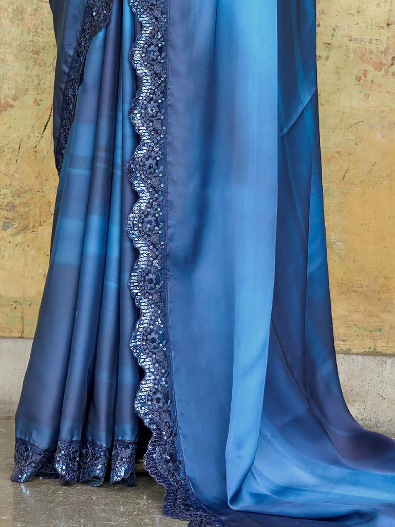 Astounding Navy-Blue Sequined Satin Festive Wear Saree With Blouse