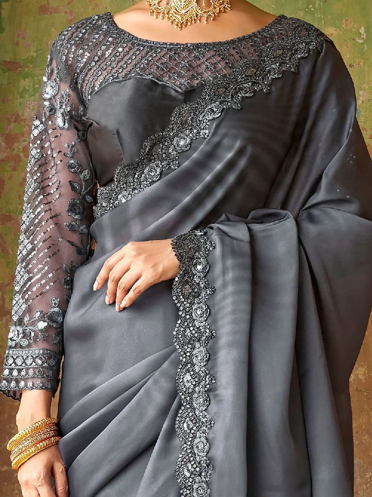 Winning Grey Sequined Embroidered Satin Party Wear Saree With Blouse