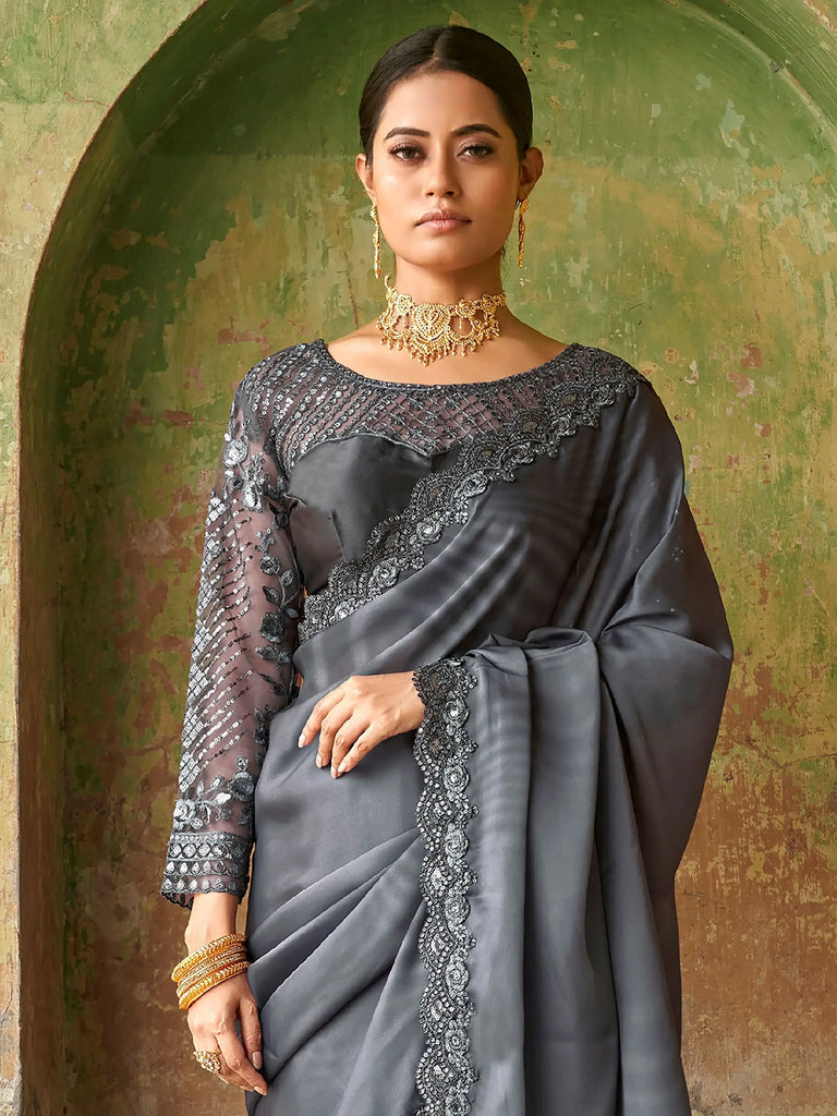 Winning Grey Sequined Embroidered Satin Party Wear Saree With Blouse