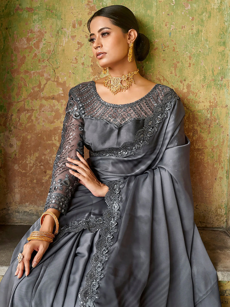 Winning Grey Sequined Embroidered Satin Party Wear Saree With Blouse