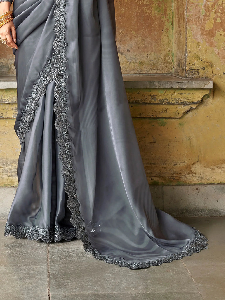 Winning Grey Sequined Embroidered Satin Party Wear Saree With Blouse