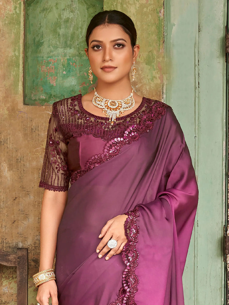 Sensational Wine Sequined Embroidered Satin Party Wear Saree With Blouse