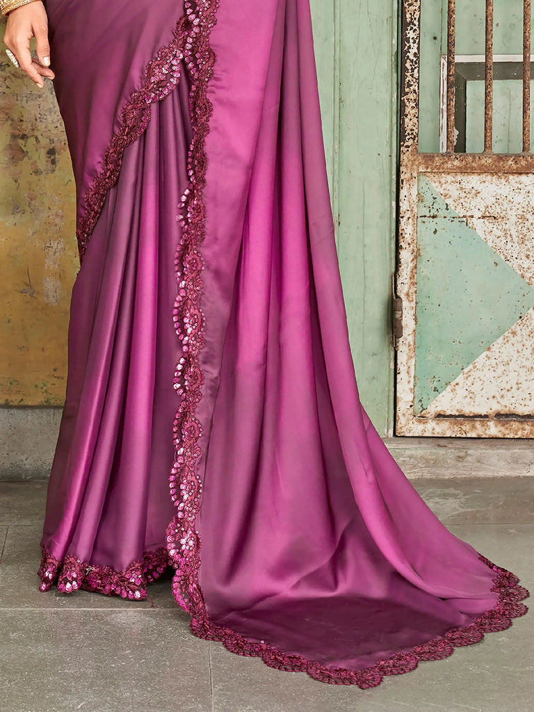 Sensational Wine Sequined Embroidered Satin Party Wear Saree With Blouse