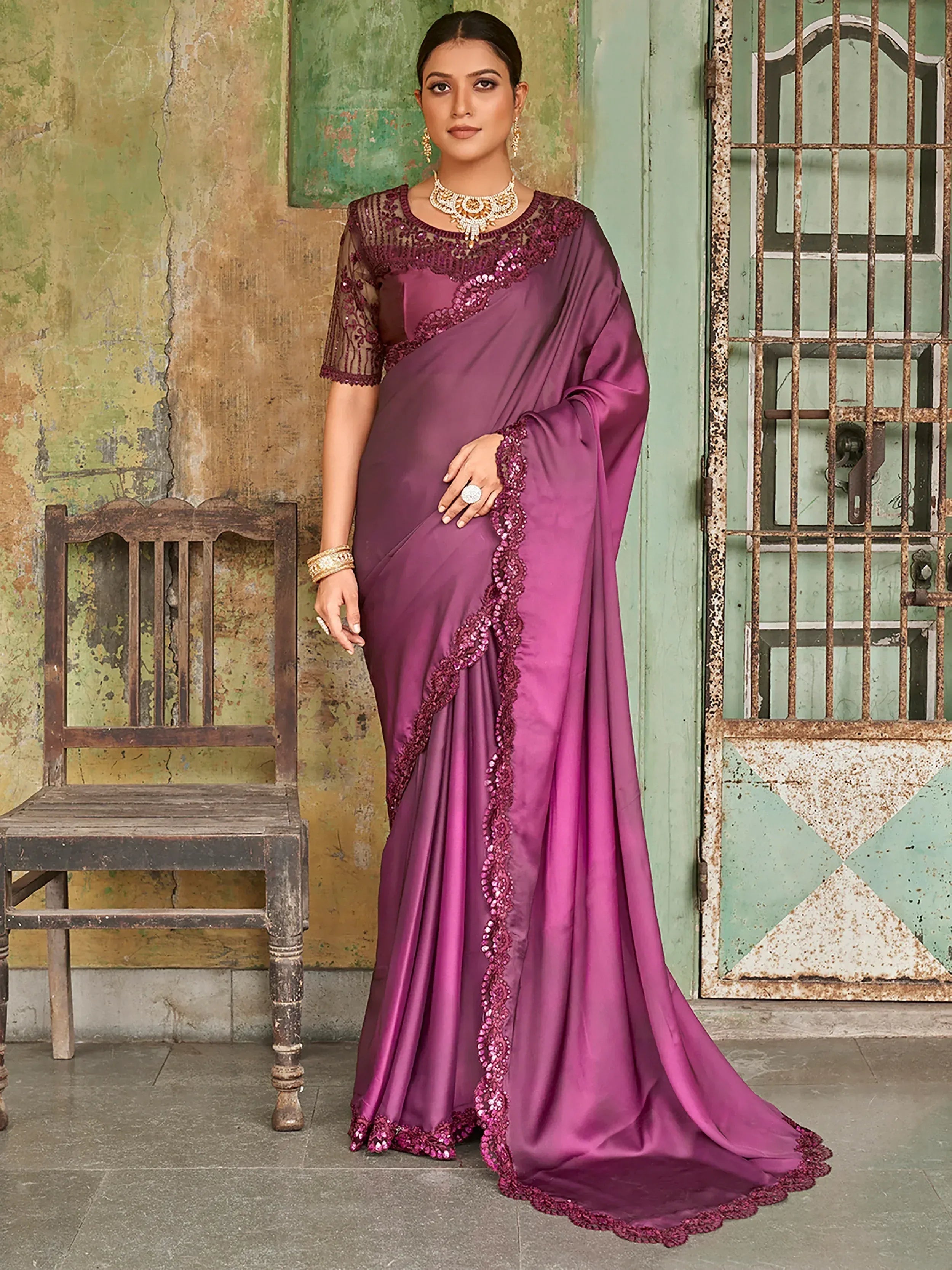 Sensational Wine Sequined Embroidered Satin Party Wear Saree With Blouse