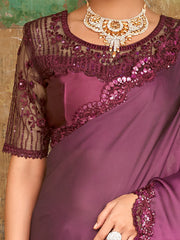 Sensational Wine Sequined Embroidered Satin Party Wear Saree With Blouse