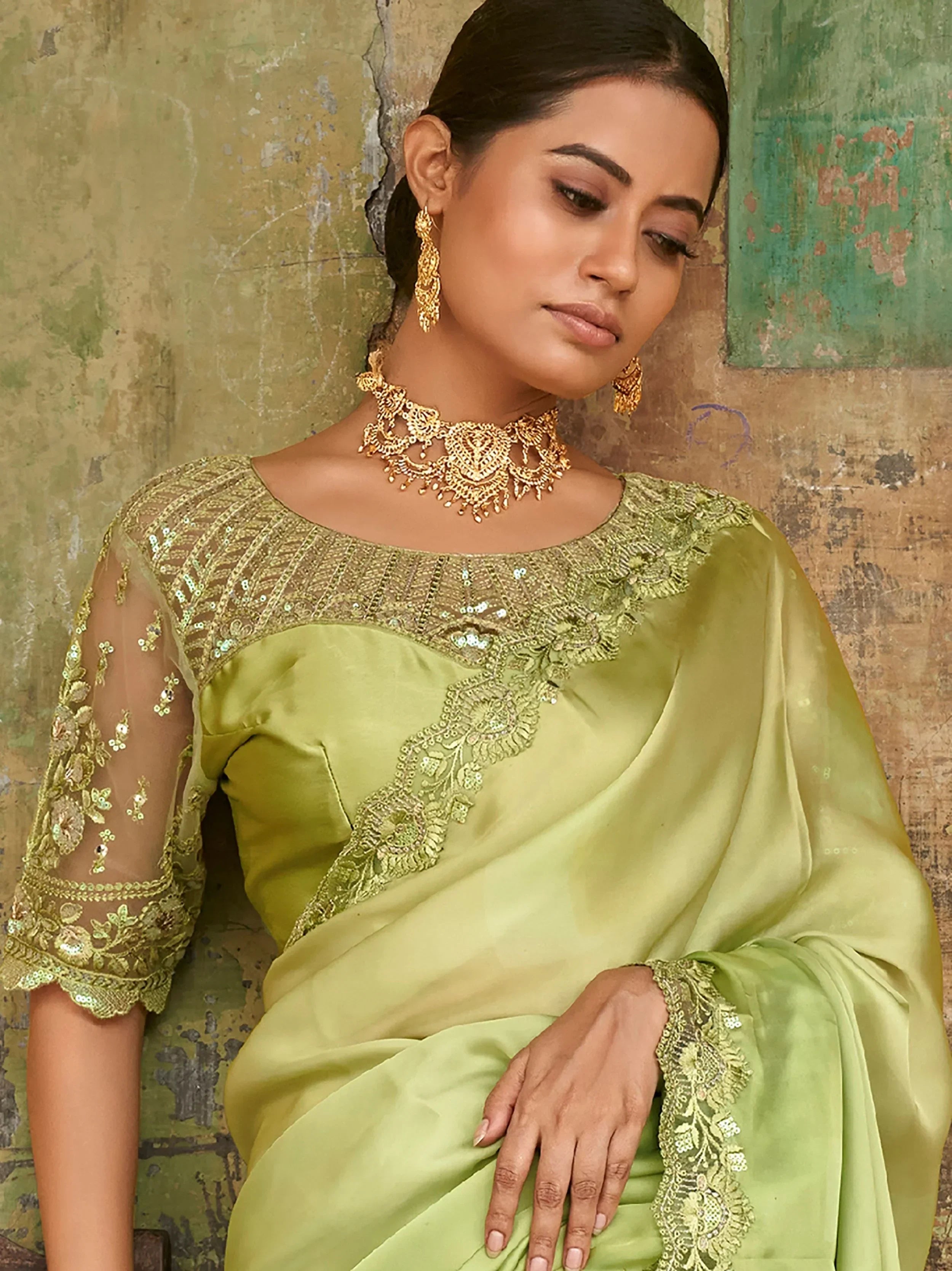Engaging Limegreen Sequined Satin Party Wear Saree With Blouse