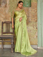 Engaging Limegreen Sequined Satin Party Wear Saree With Blouse