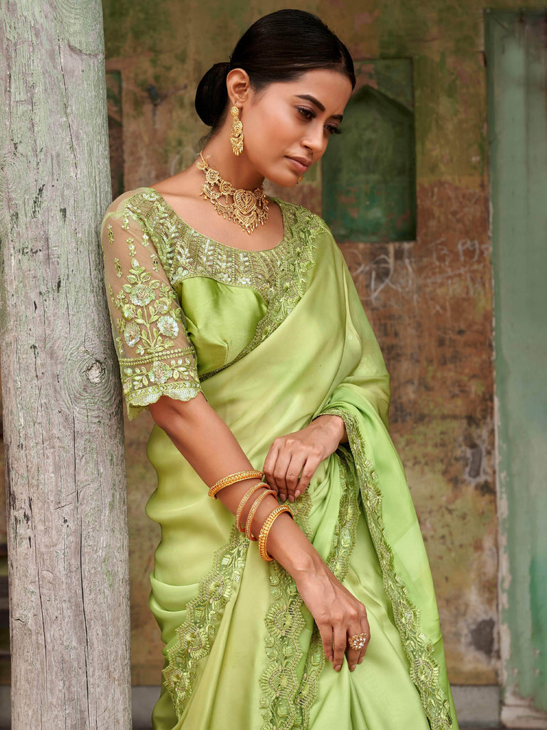 Engaging Limegreen Sequined Satin Party Wear Saree With Blouse