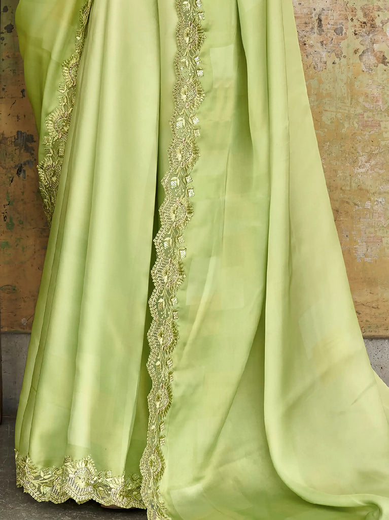 Engaging Limegreen Sequined Satin Party Wear Saree With Blouse