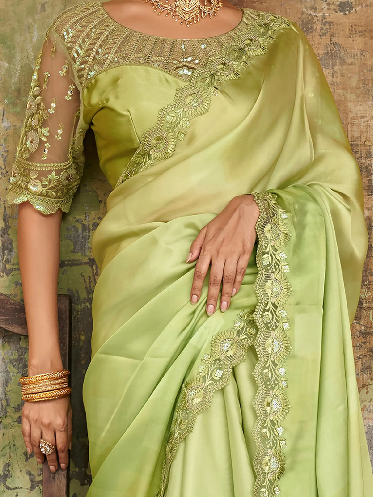 Engaging Limegreen Sequined Satin Party Wear Saree With Blouse
