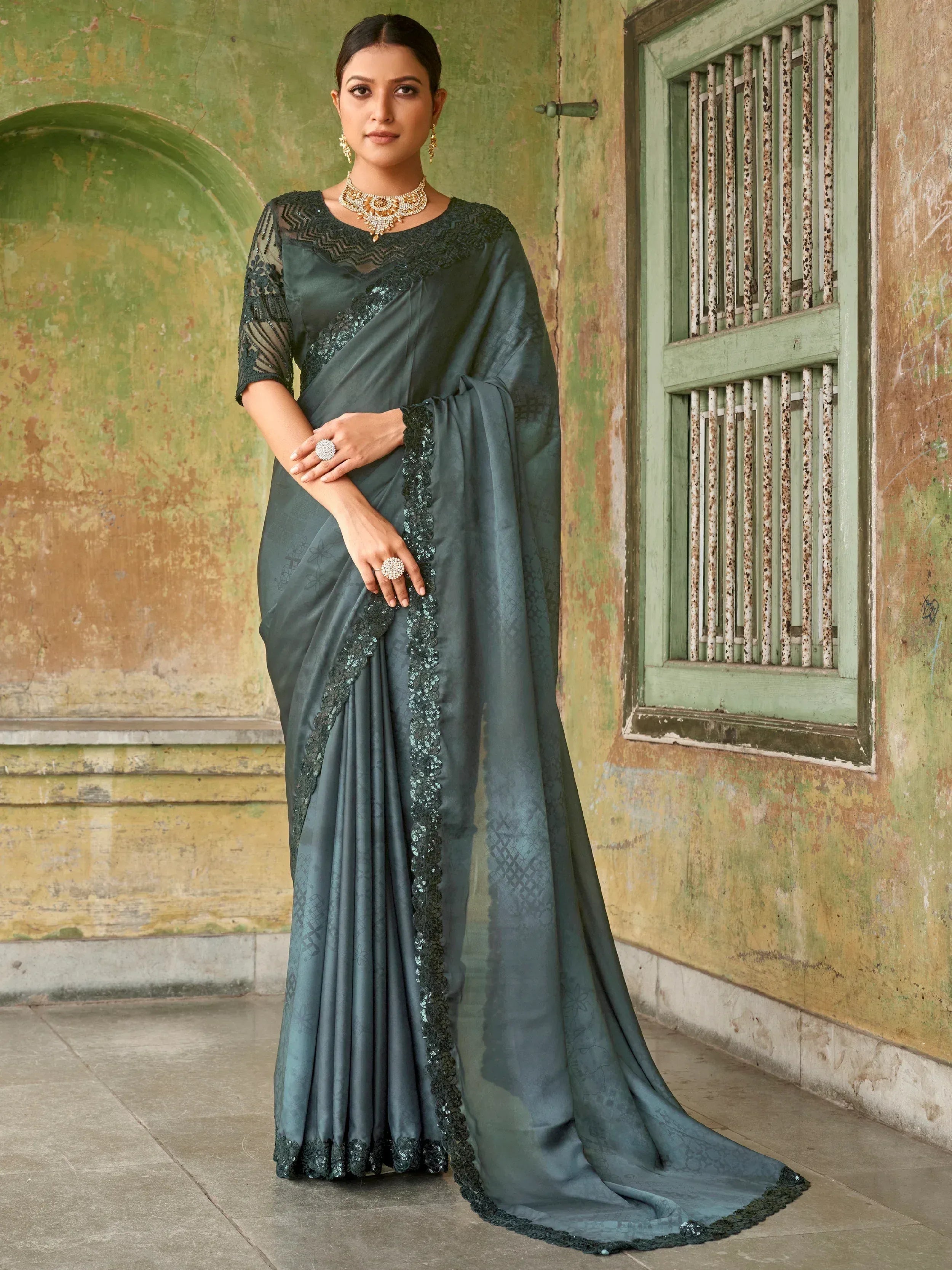 Stupendous Black Sequined Satin Cocktail Party Wear Saree With Blouse