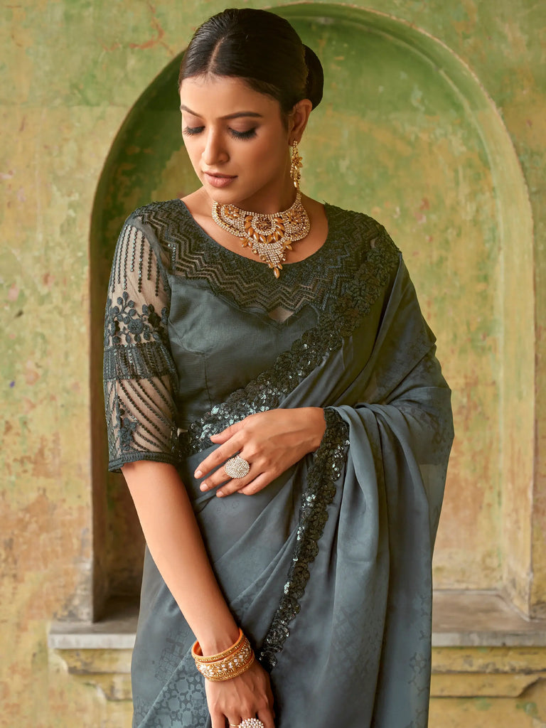 Stupendous Black Sequined Satin Cocktail Party Wear Saree With Blouse