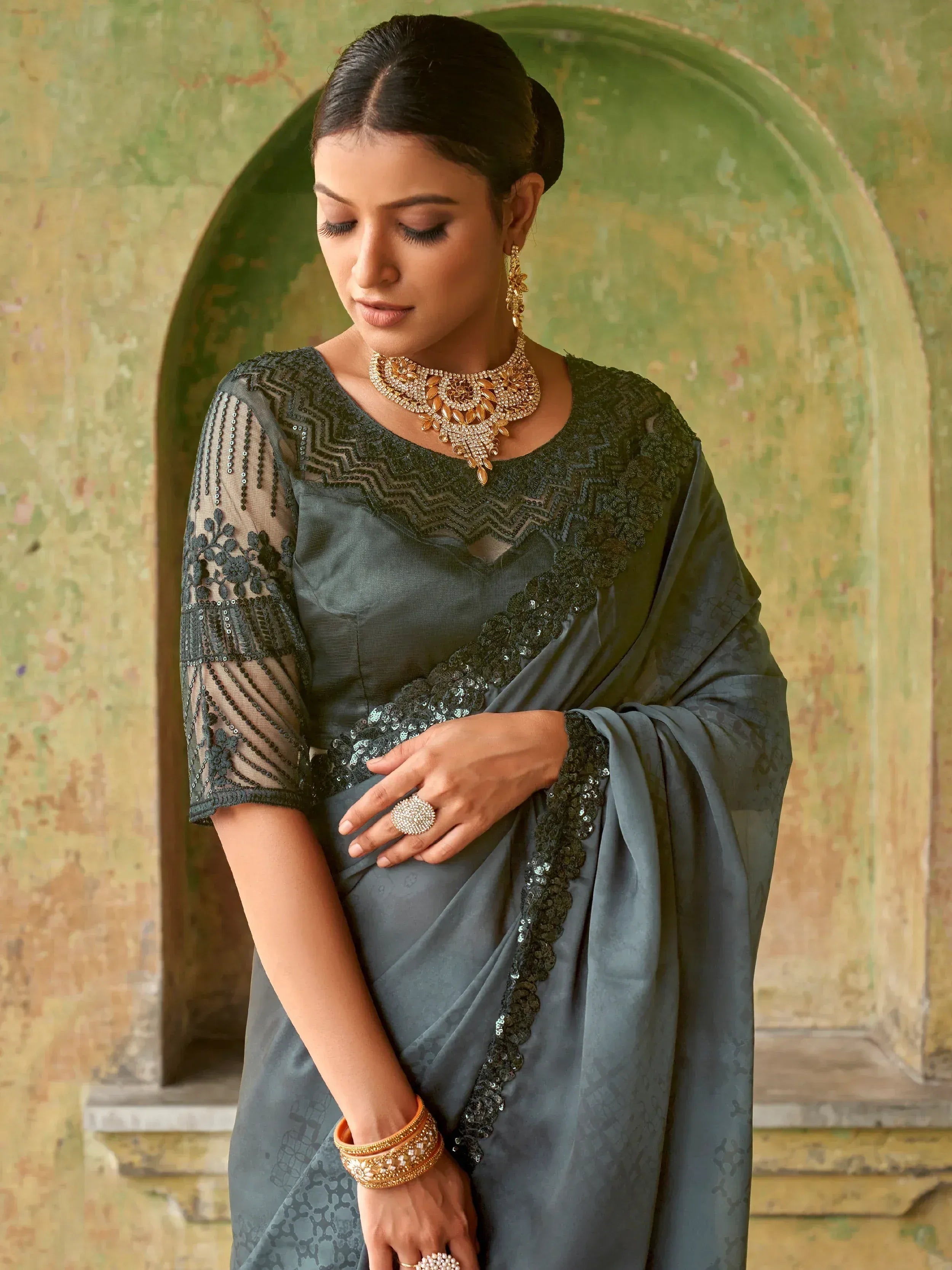 Stupendous Black Sequined Satin Cocktail Party Wear Saree With Blouse