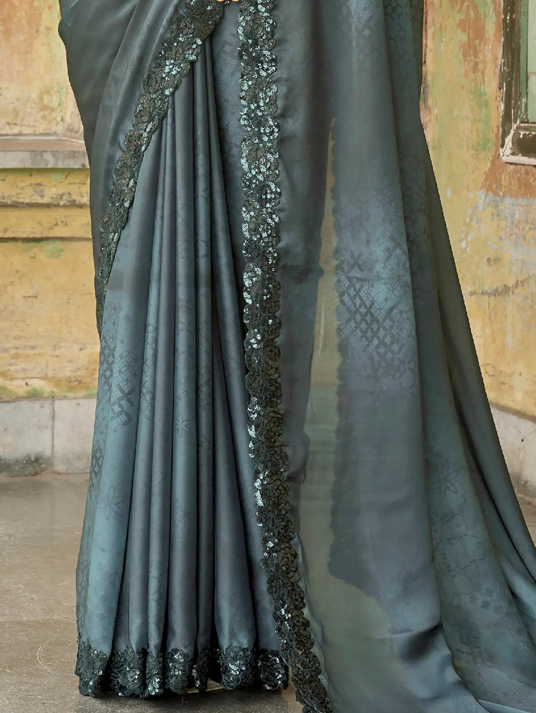 Stupendous Black Sequined Satin Cocktail Party Wear Saree With Blouse