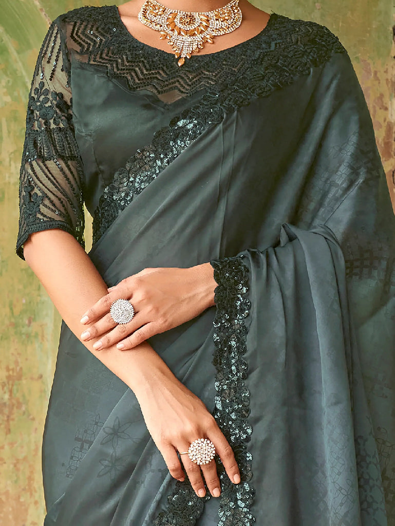 Stupendous Black Sequined Satin Cocktail Party Wear Saree With Blouse