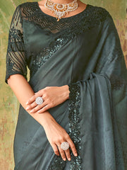 Stupendous Black Sequined Satin Cocktail Party Wear Saree With Blouse