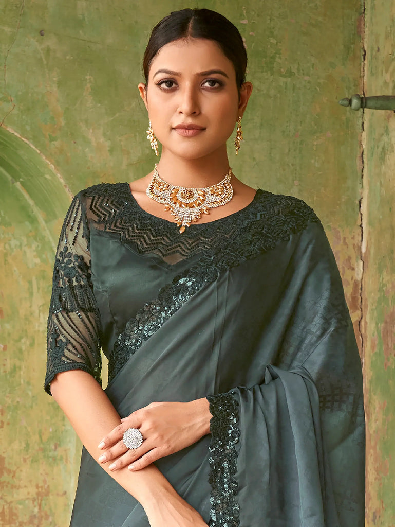 Stupendous Black Sequined Satin Cocktail Party Wear Saree With Blouse