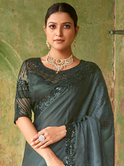 Stupendous Black Sequined Satin Cocktail Party Wear Saree With Blouse
