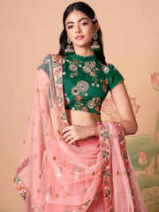 Elegant Peach Mirror Work Net Party Wear Lehenga Choli