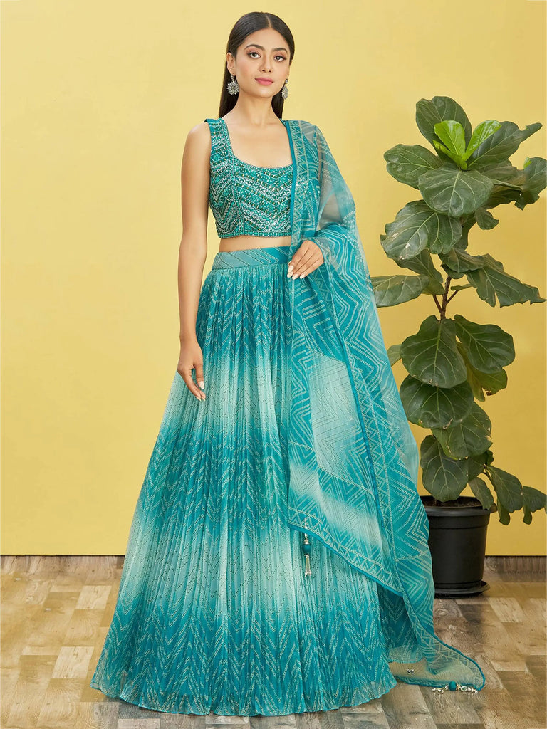 Beautiful Blue Mirror Work Organza Wedding Wear Lehenga Choli