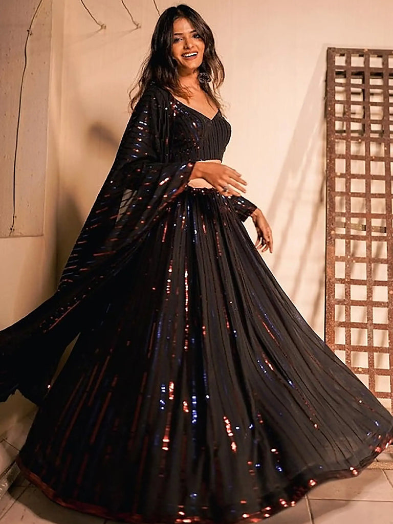 Stunning Black Sequins Georgette Reception Wear Lehenga Choli