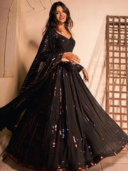 Stunning Black Sequins Georgette Reception Wear Lehenga Choli