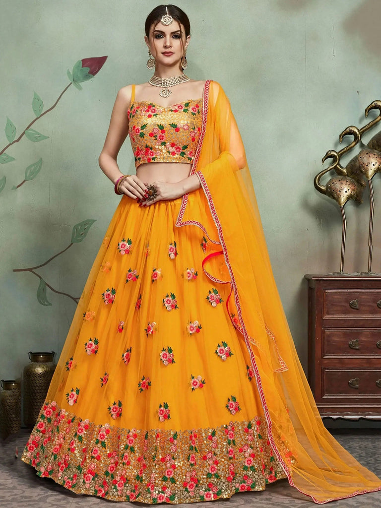 Great Yellow Thread Embroidered Net Haldi Wear Plus Size Lehenga Choli