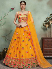 Great Yellow Thread Embroidered Net Haldi Wear Plus Size Lehenga Choli