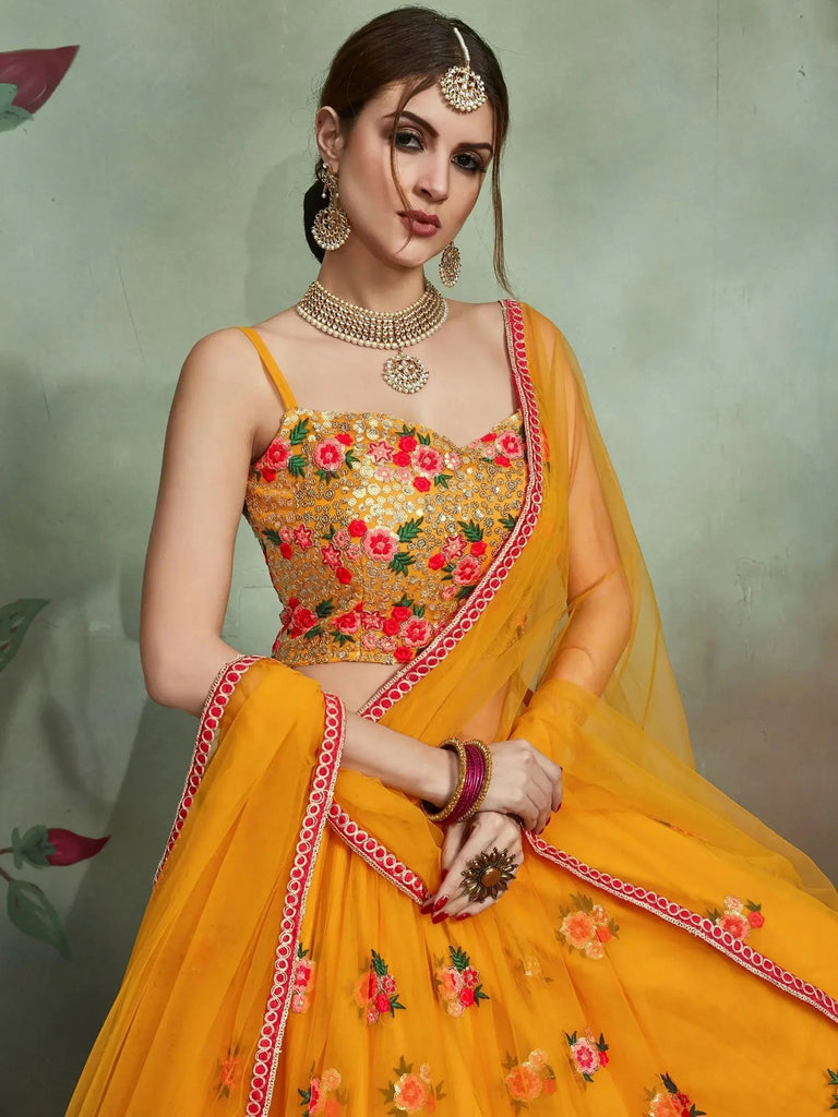 Great Yellow Thread Embroidered Net Haldi Wear Plus Size Lehenga Choli