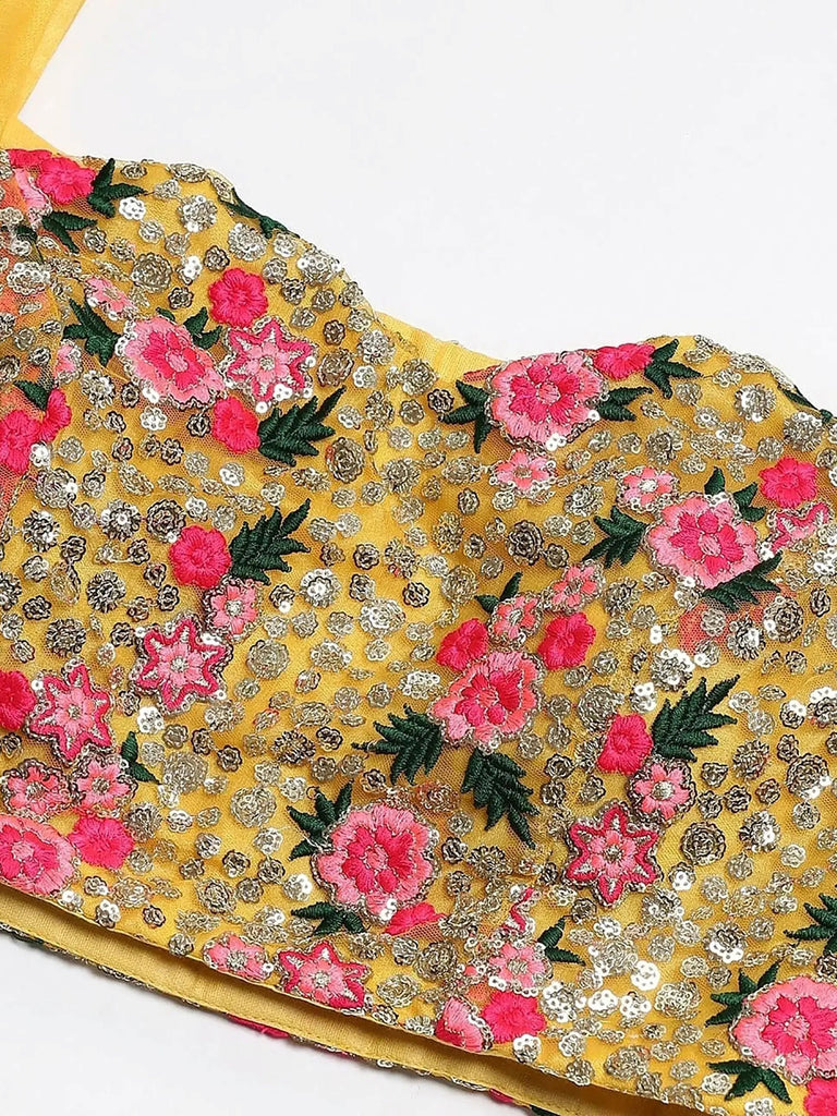 Great Yellow Thread Embroidered Net Haldi Wear Plus Size Lehenga Choli