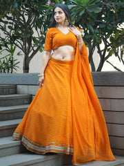 Amazing Orange Laheriya Print Georgette Haldi Wear Lehenga Choli
