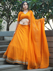 Amazing Orange Laheriya Print Georgette Haldi Wear Lehenga Choli