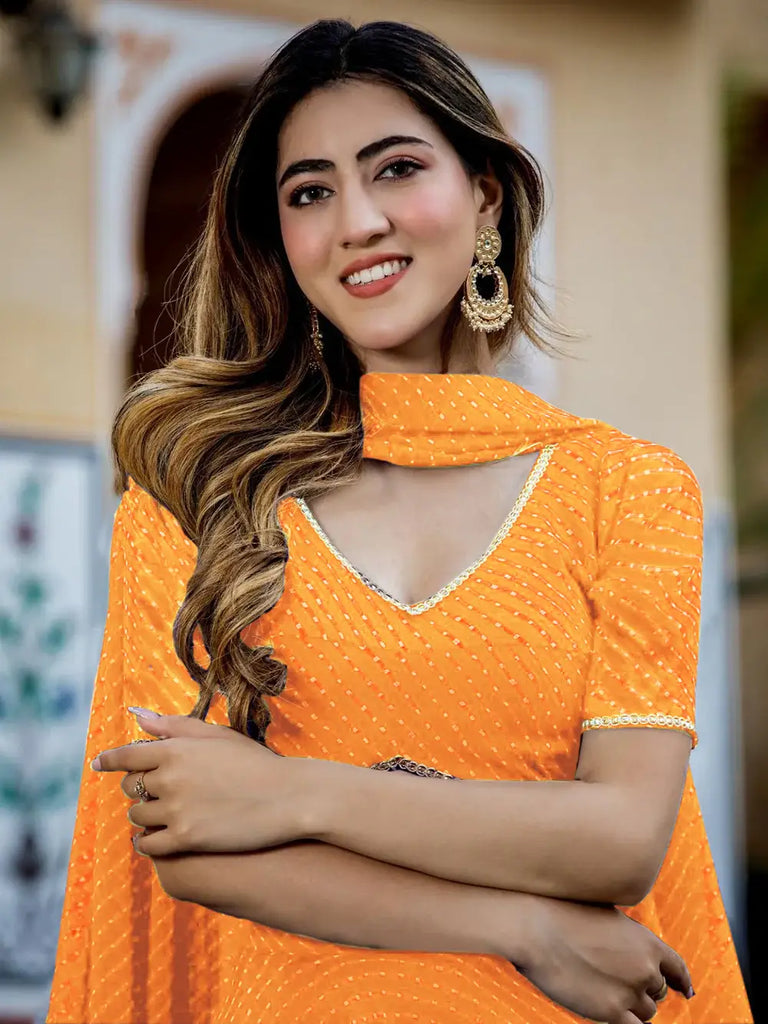 Pretty Orange Laheriya Print Georgette Wedding Lehenga Choli