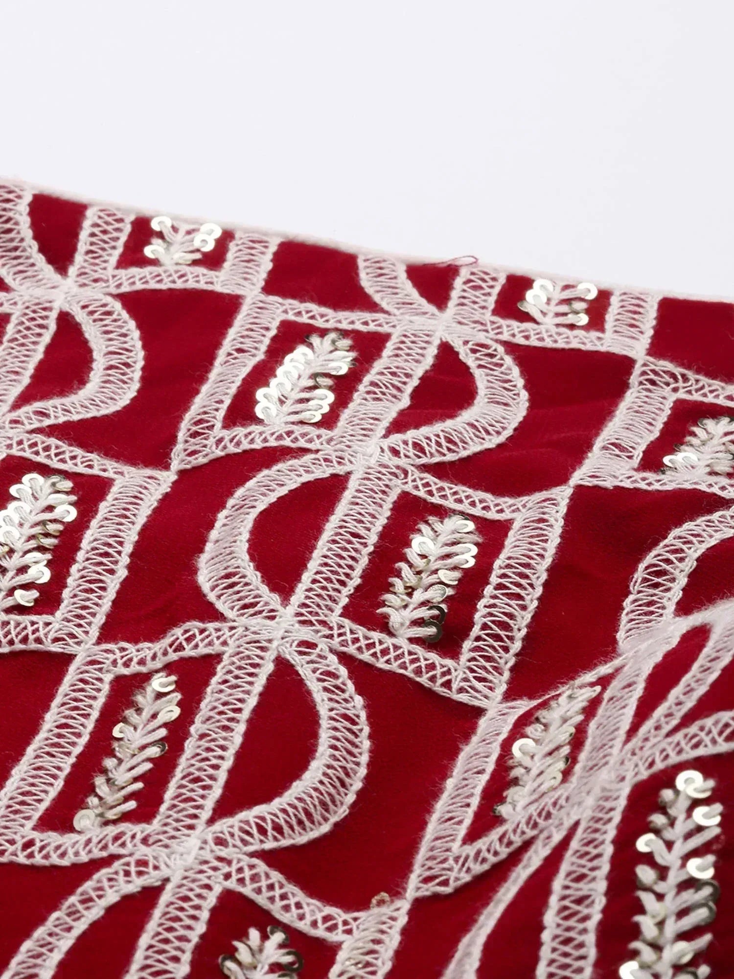 Red velvet ethnic wear with white thread embroidery and silver sequins, perfect for designer lehenga or saree