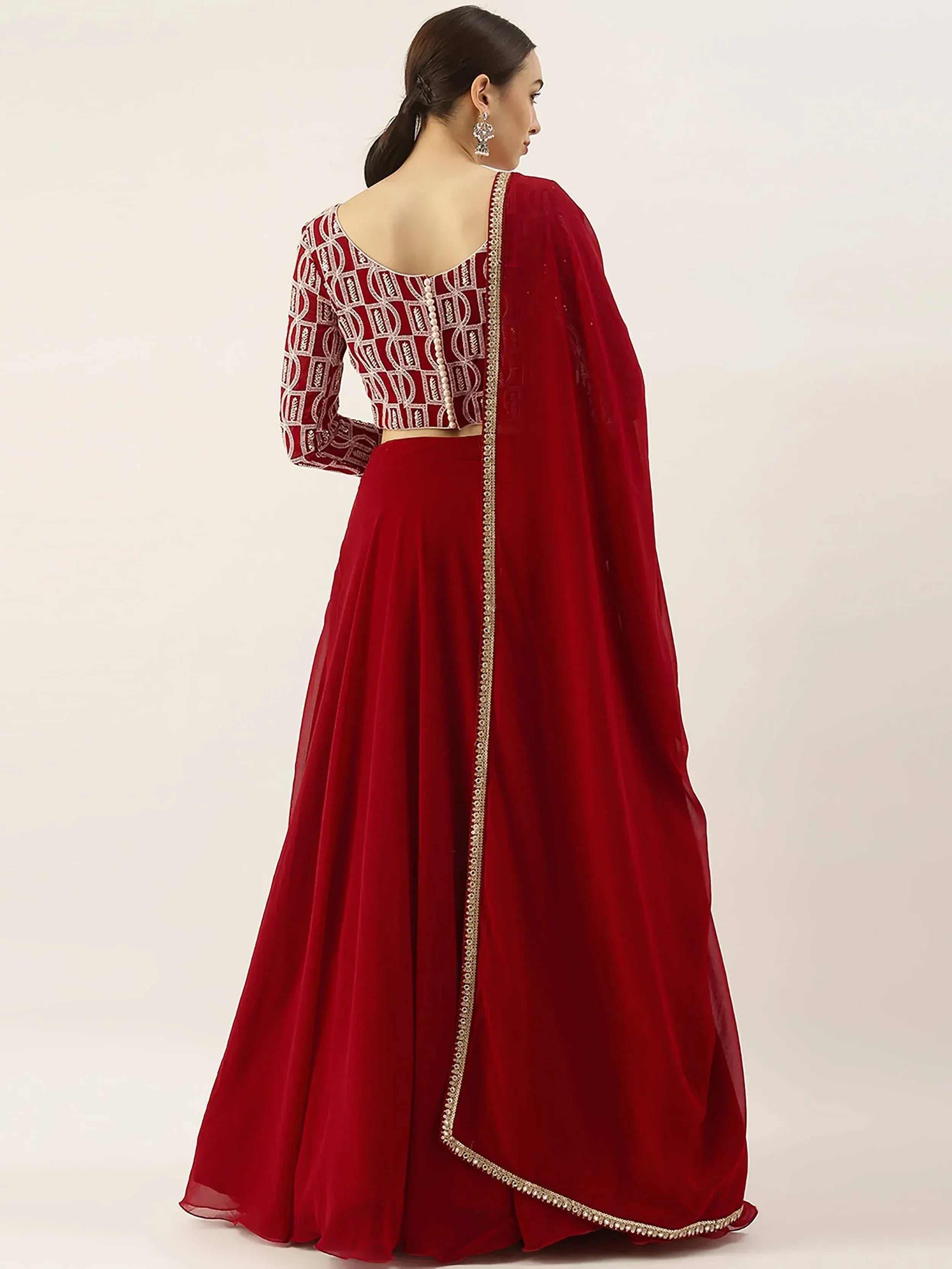 Red embroidered lehenga choli with dupatta, Indian ethnic wear for women