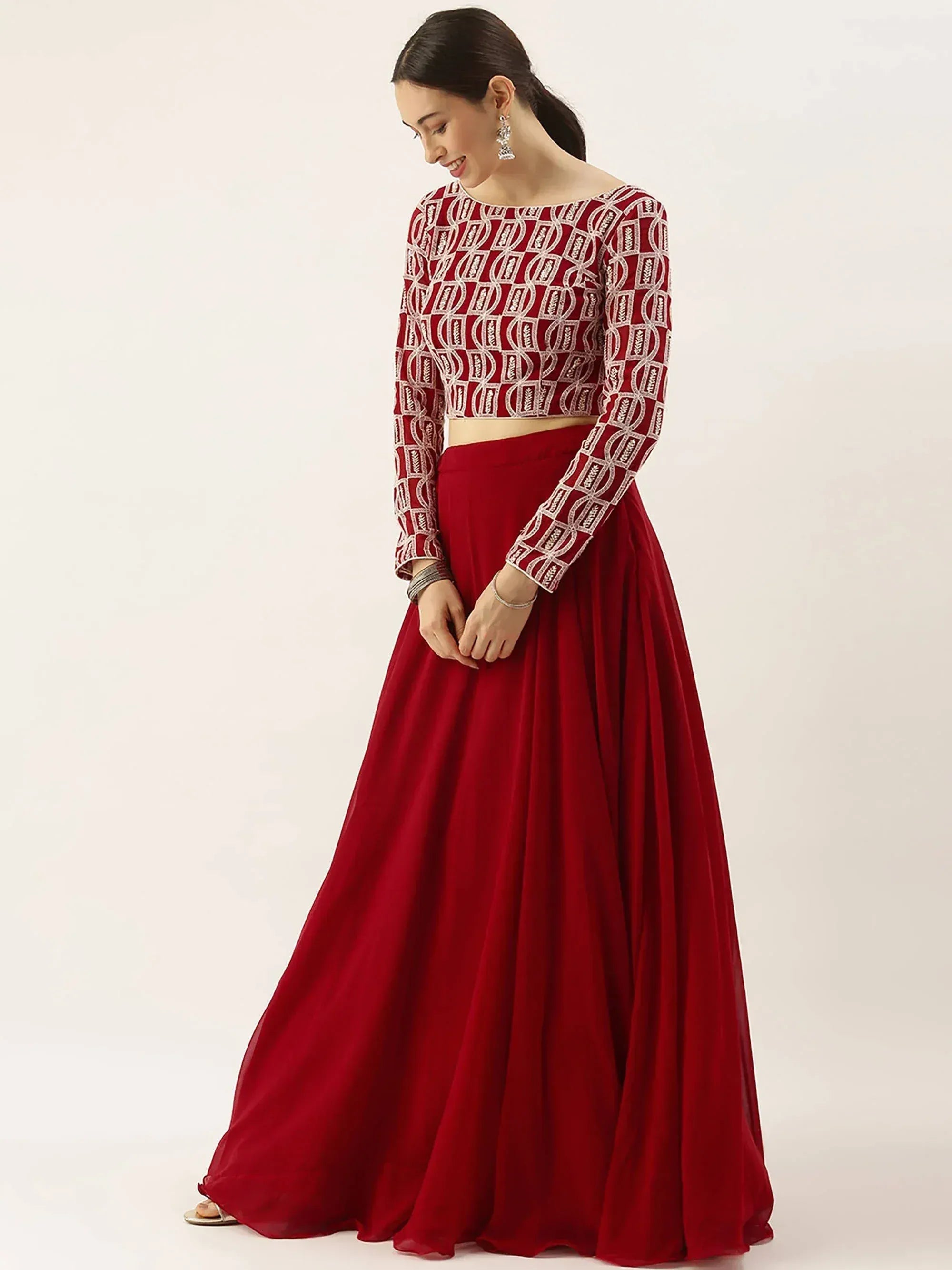 Red embroidered lehenga choli with long sleeves and flared skirt, Indian ethnic wear