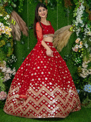 Alluring Red Sequins Georgette Lehenga Choli With Attached Dupatta
