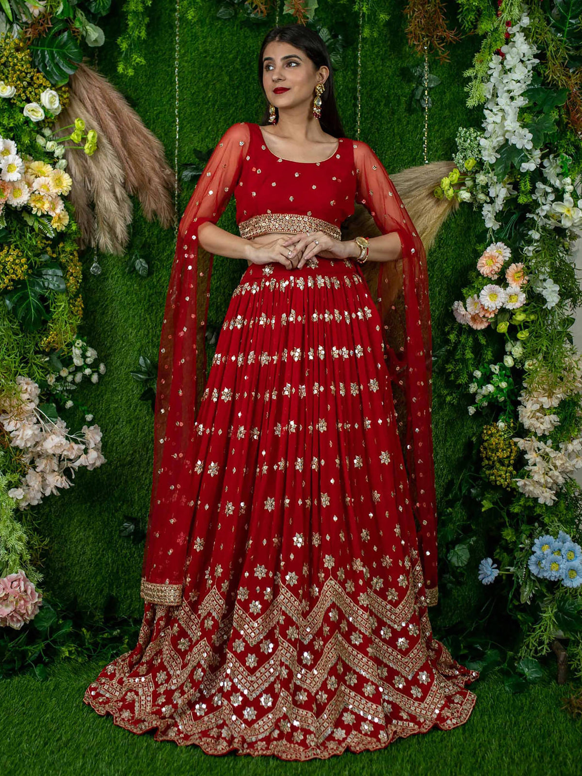 Alluring Red Sequins Georgette Lehenga Choli With Attached Dupatta