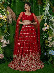 Alluring Red Sequins Georgette Lehenga Choli With Attached Dupatta